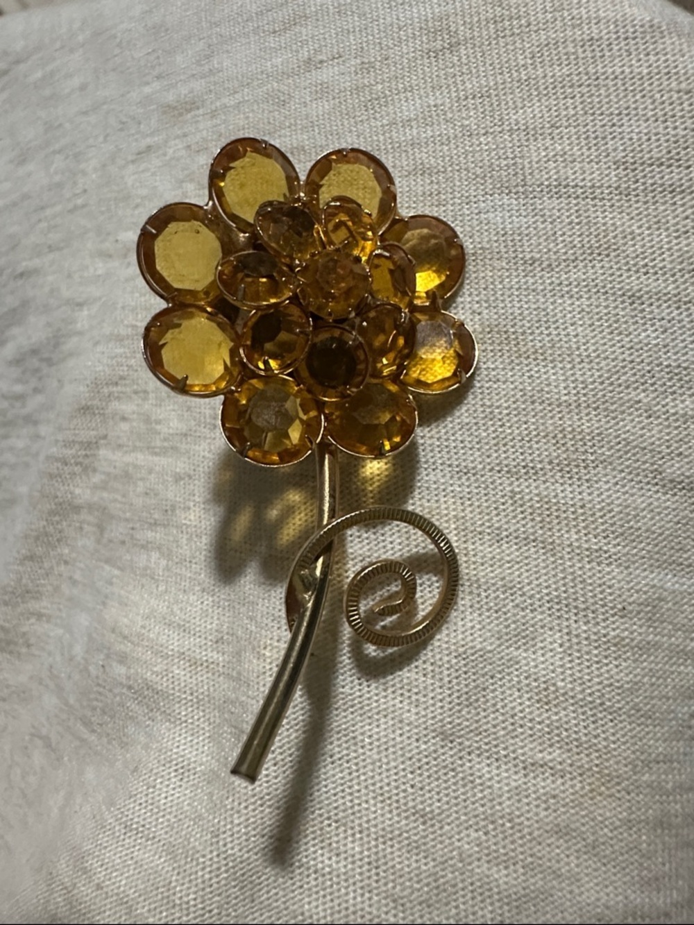 Gold-Tone Amber Crystal Flower Brooch
